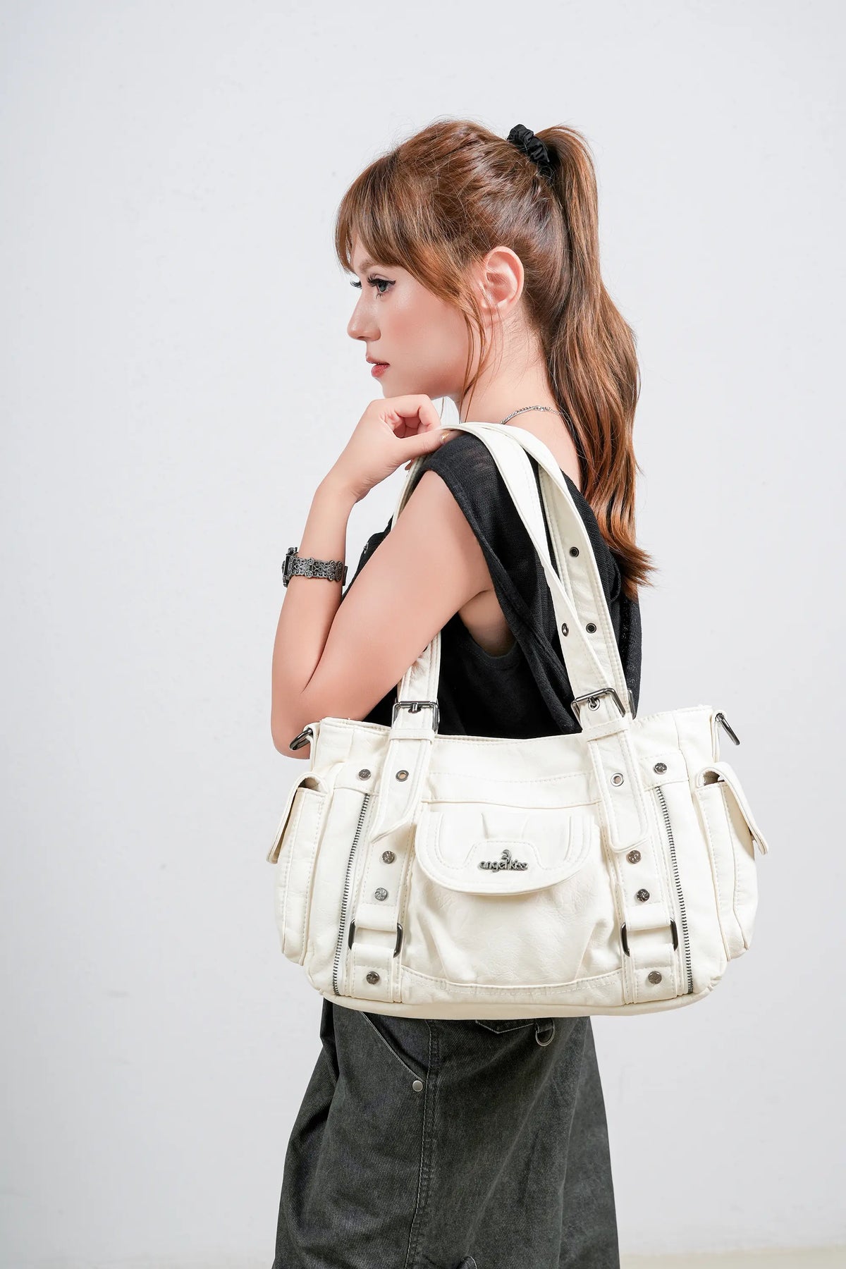 Utility-Inspired Multi-Pocket PU Tote Bag