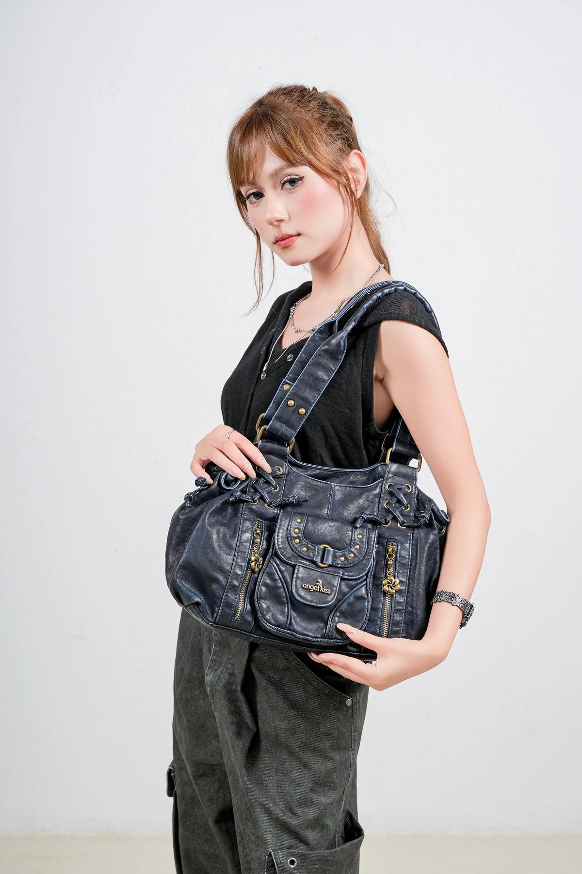 Washed Western Studded Shoulder Tote Bag with Lace-Up Detail