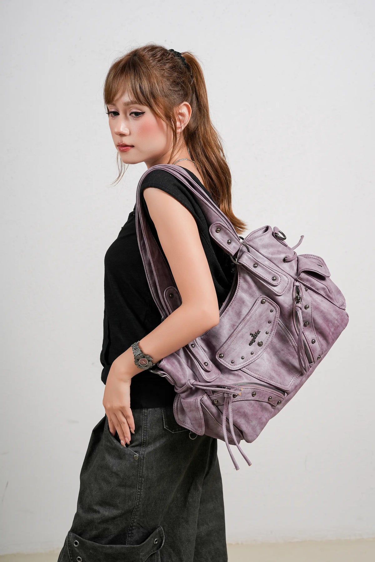 Washed Curved-Panel Slouchy Hobo Shoulder Bag