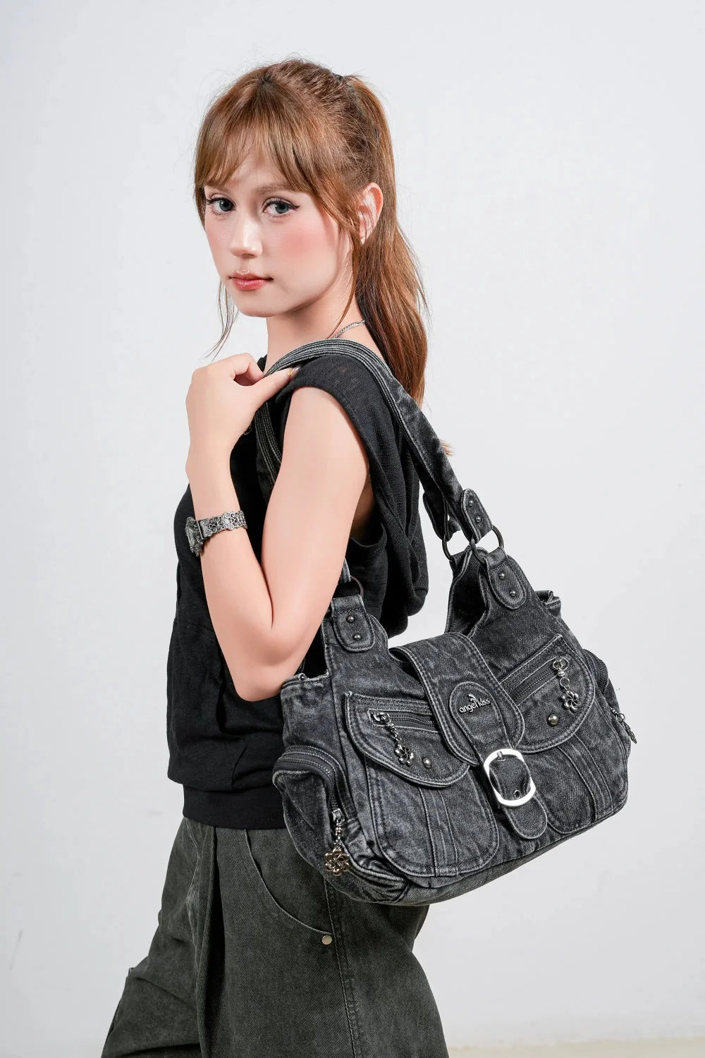 Y2K Washed Multi-Pocket Crescent Hobo Bag