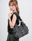 Y2K Washed Multi-Pocket Crescent Hobo Bag