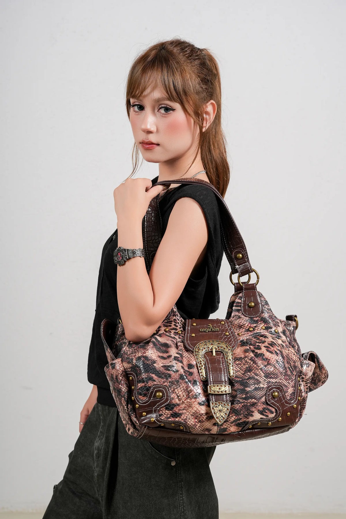 Leopard Patchwork Statement-Buckle Shoulder Bag