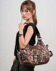 Leopard Patchwork Statement-Buckle Shoulder Bag