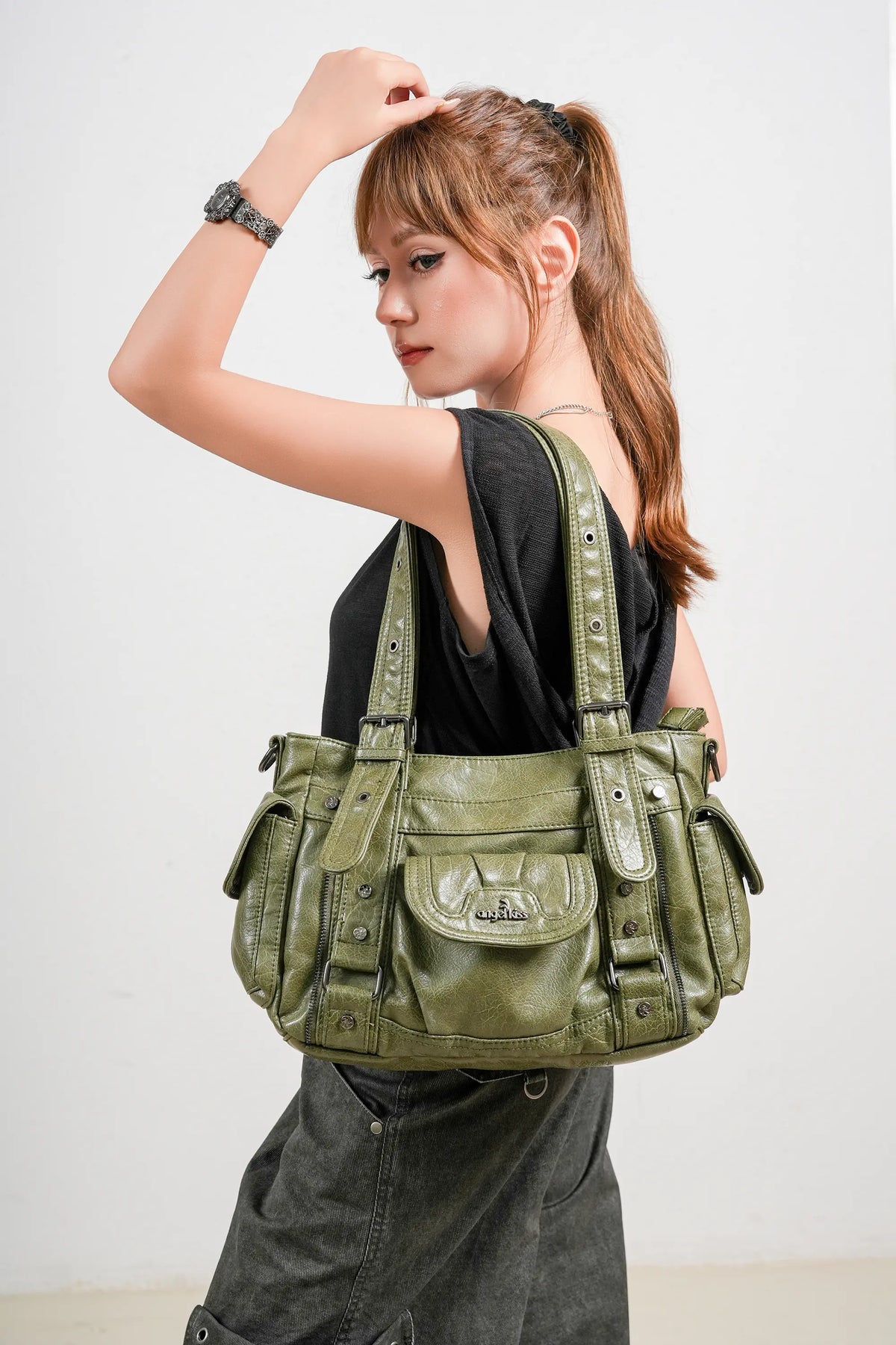 Utility-Inspired Multi-Pocket PU Tote Bag