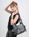 Washed Curved-Panel Slouchy Hobo Shoulder Bag