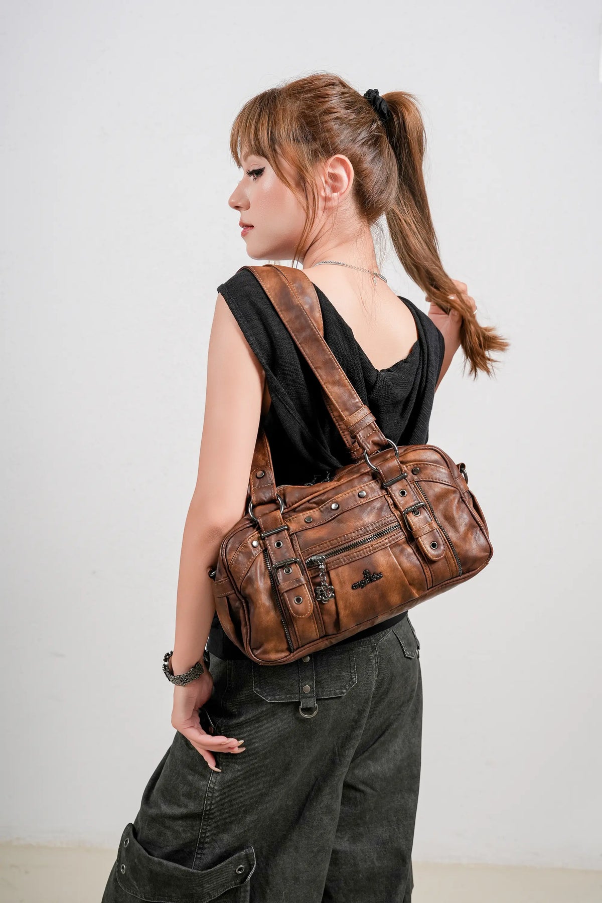 Vintage Multi-Pocket PU Bowling Shoulder Bag