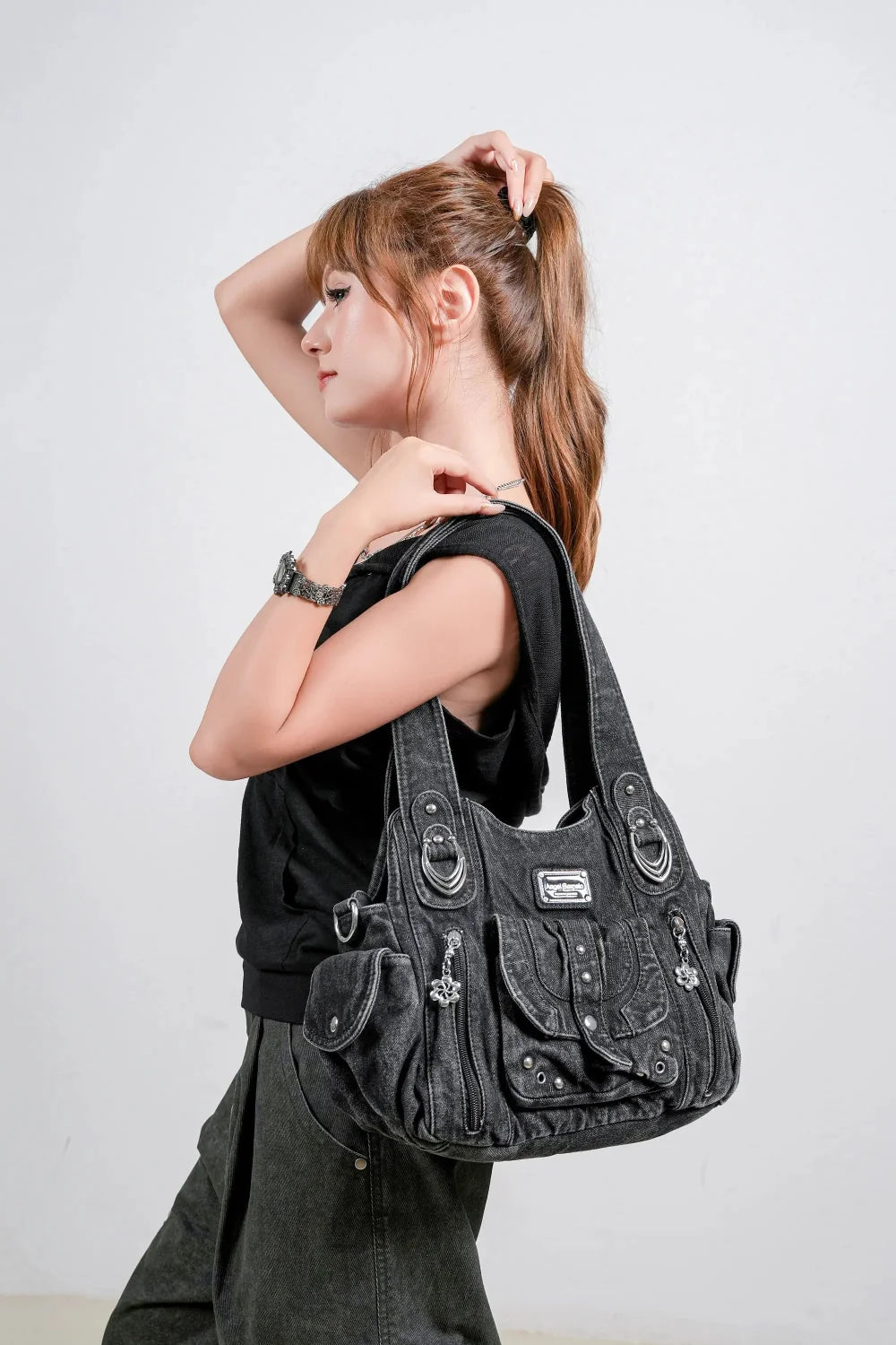 Soft-Structured Biker Shoulder Bag with Curved Panels