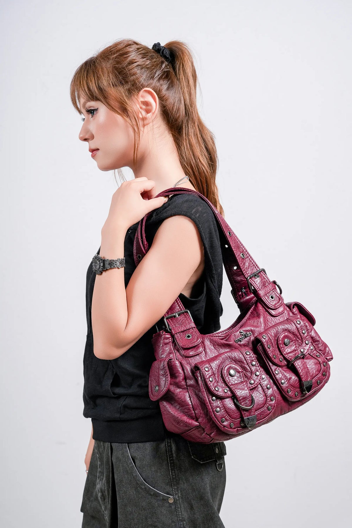 Vintage Studded Multi-Pocket PU Shoulder Bag