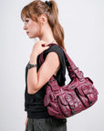 Vintage Studded Multi-Pocket PU Shoulder Bag