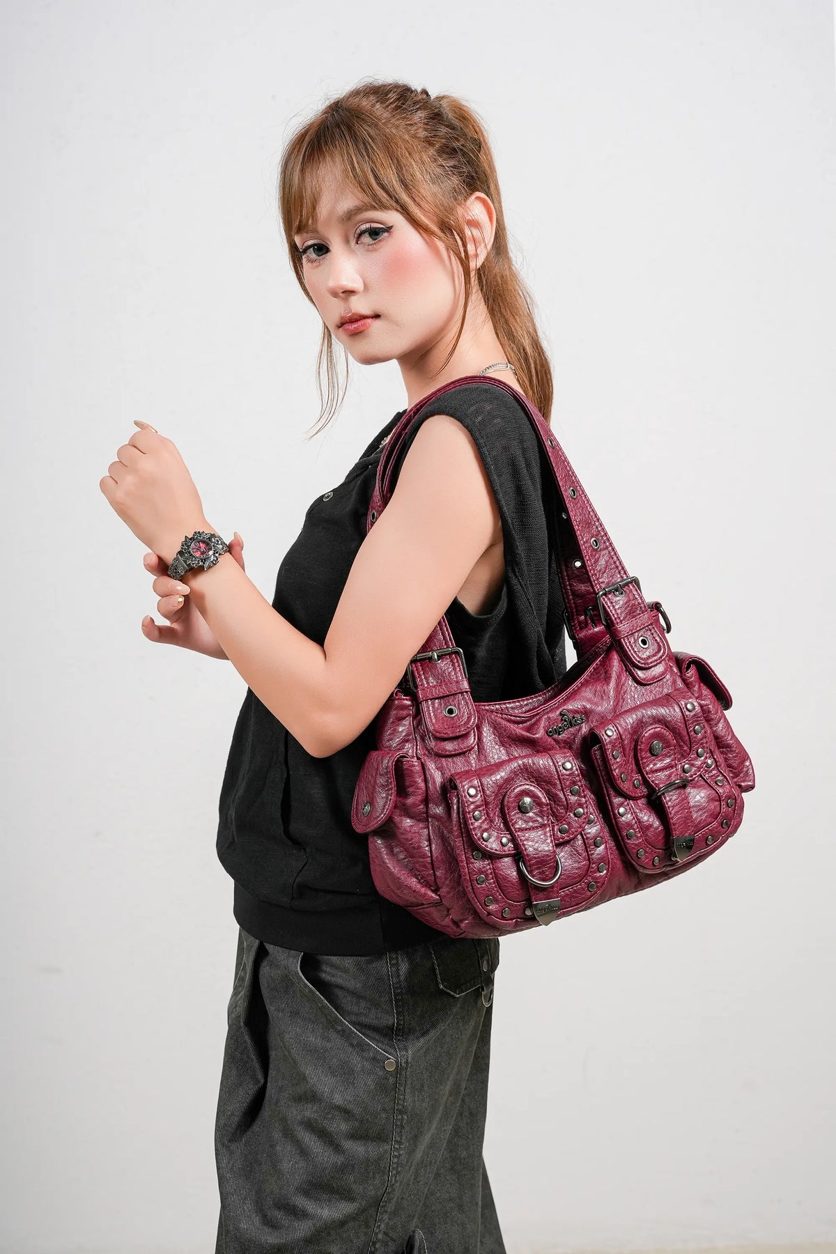 Vintage Studded Multi-Pocket PU Shoulder Bag