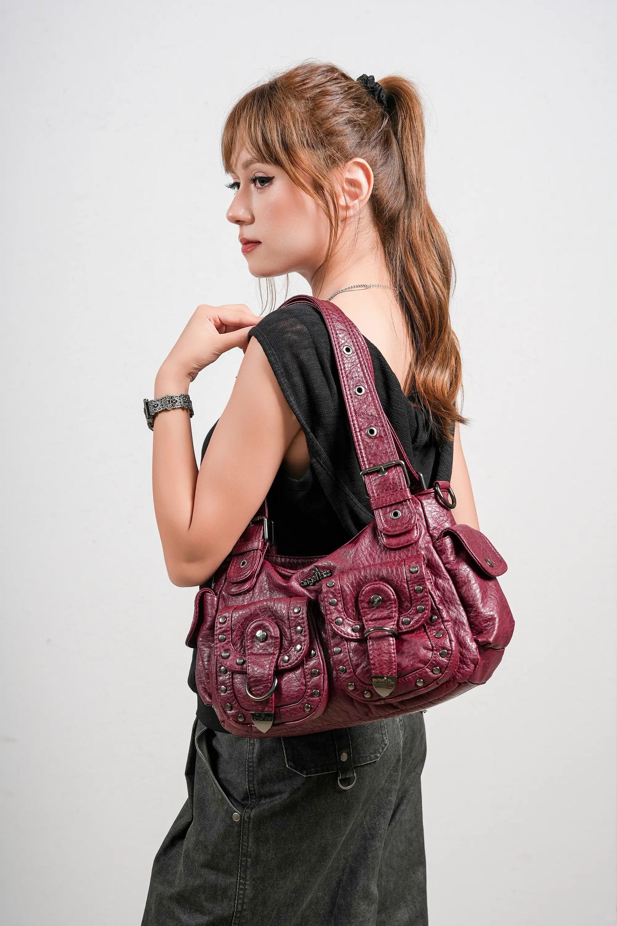 Vintage Studded Multi-Pocket PU Shoulder Bag