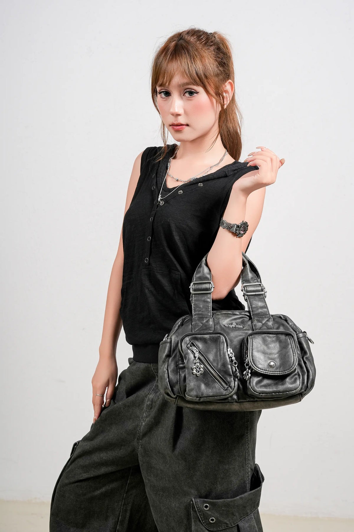 Vintage Multi-Pocket Twin-Handle Satchel Tote Bag