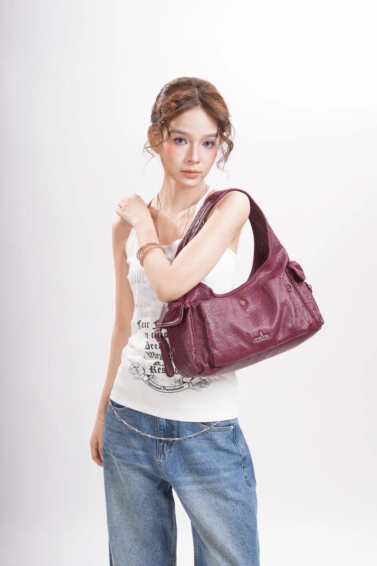 Wide-Strap Curved Hobo Shoulder Bag