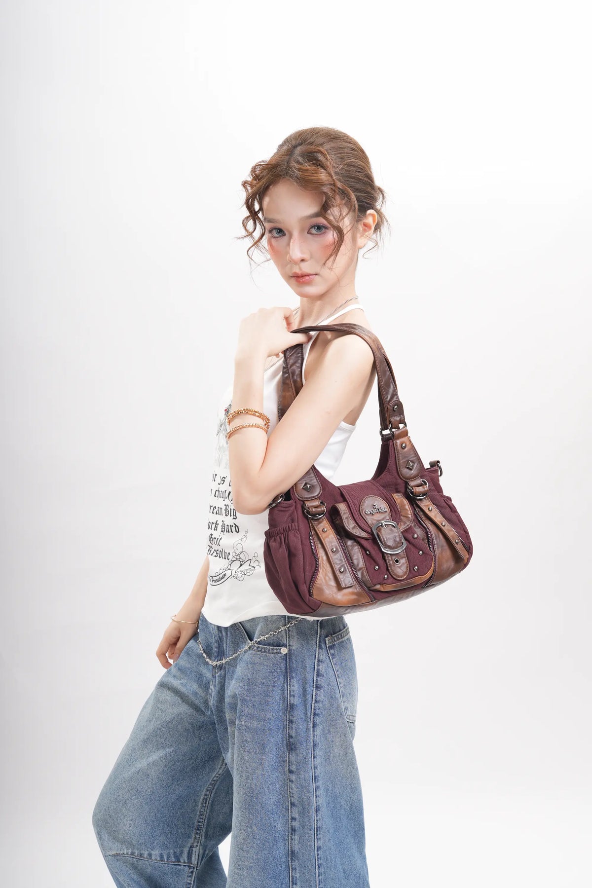 Curved-Panel Studded Buckle Shoulder Tote Bag