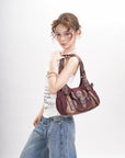 Curved-Panel Studded Buckle Shoulder Tote Bag