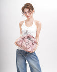 Curved-Panel Studded Buckle Shoulder Tote Bag