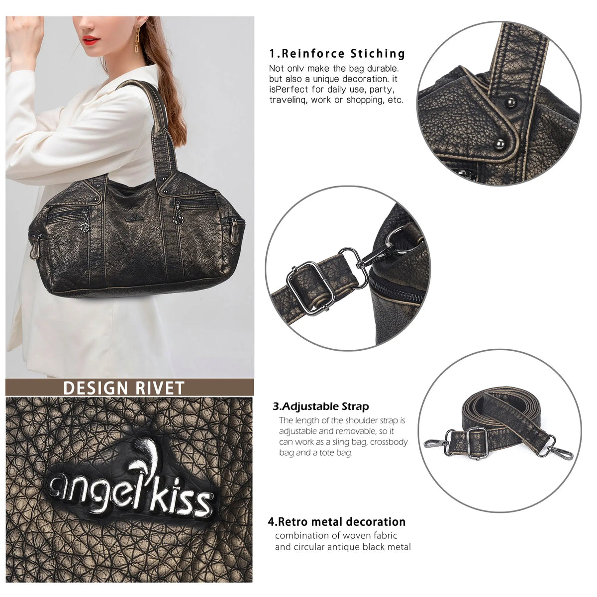 Large-Capacity Multi-Pocket Convertible Satchel Shoulder/Crossbody Bag