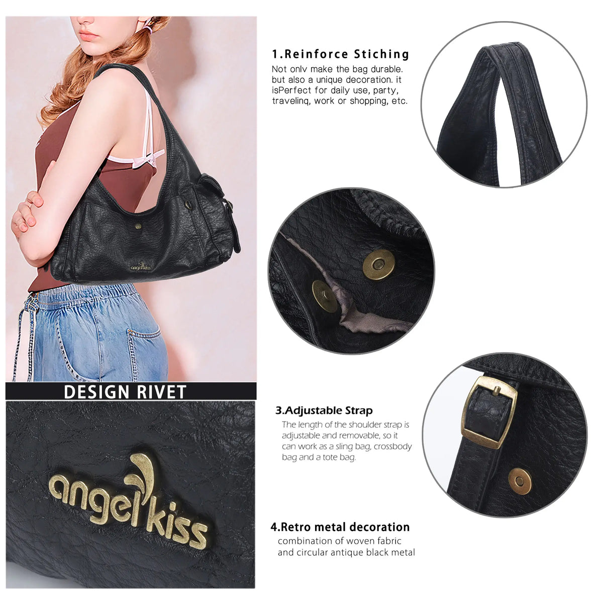 Wide-Strap Curved Hobo Shoulder Bag