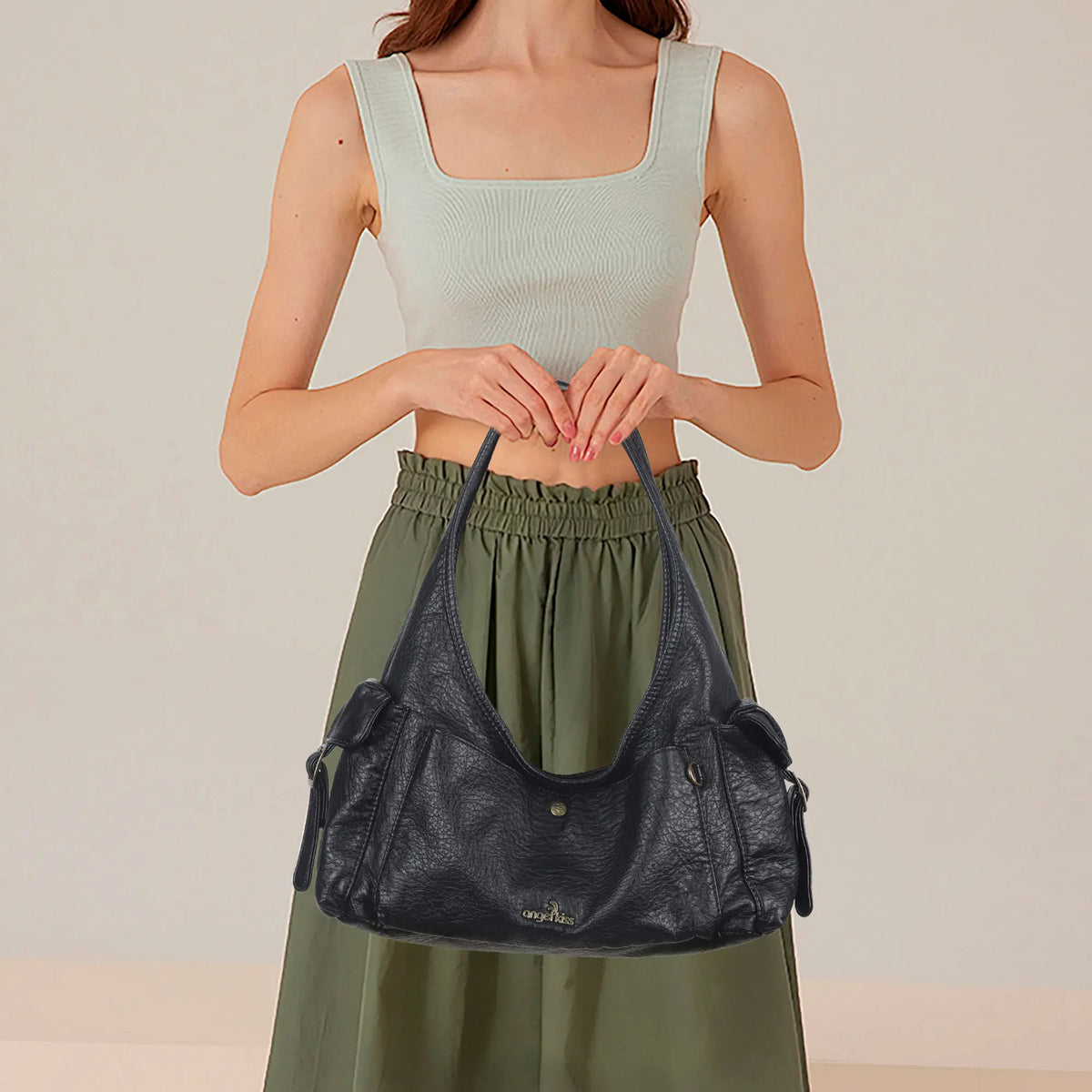 Wide-Strap Curved Hobo Shoulder Bag
