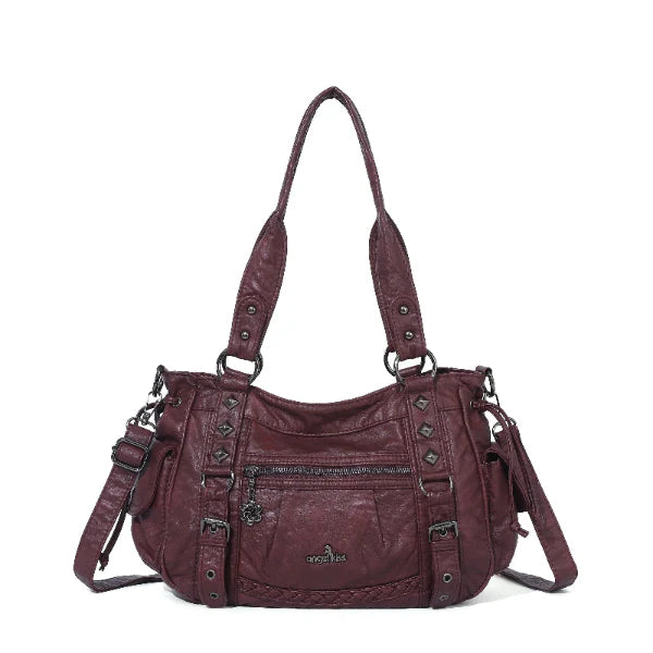 Studded Utility Multi-Pocket Horizontal Tote Shoulder Bag