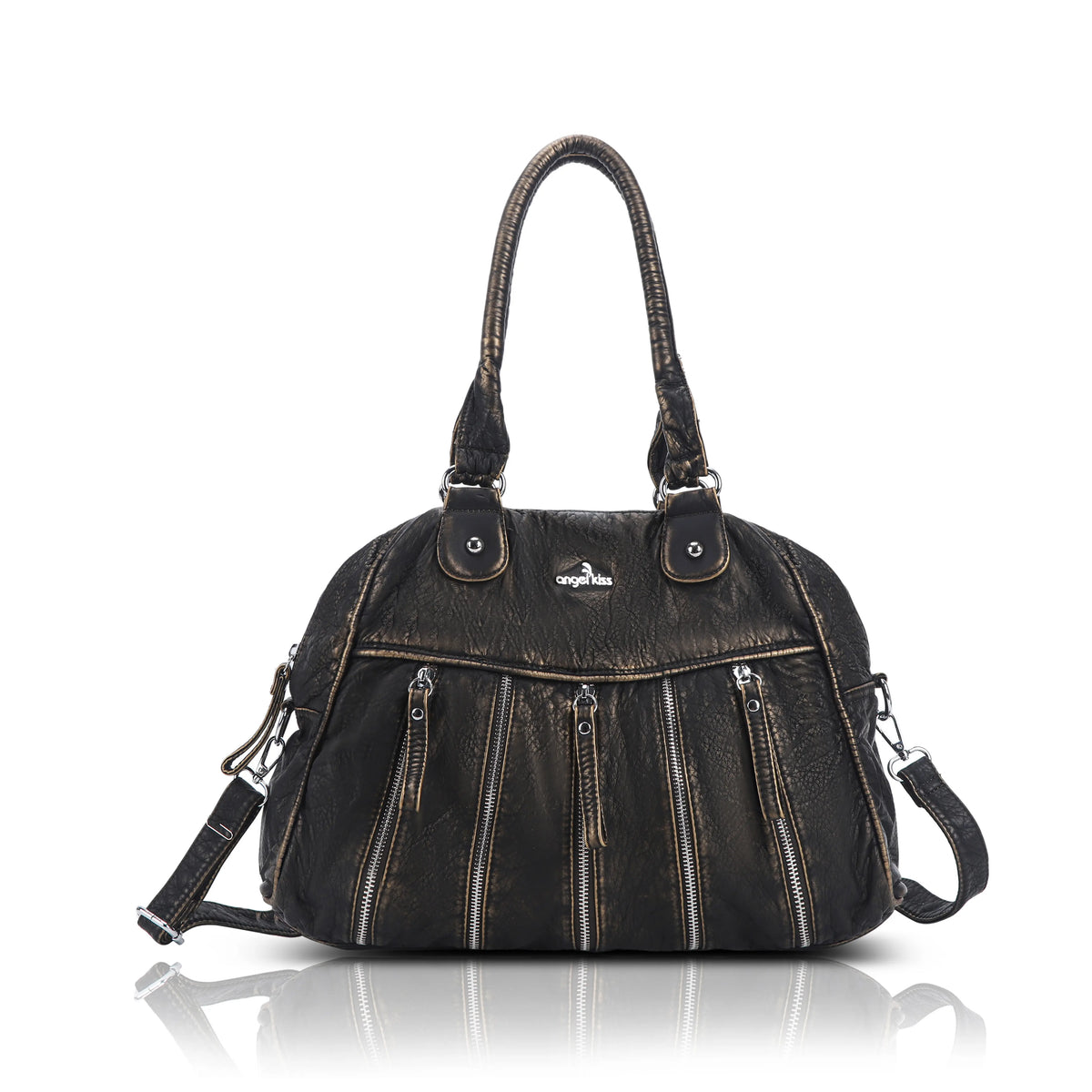 Vintage Vertical-Zip Multi-Pocket Shoulder Bag
