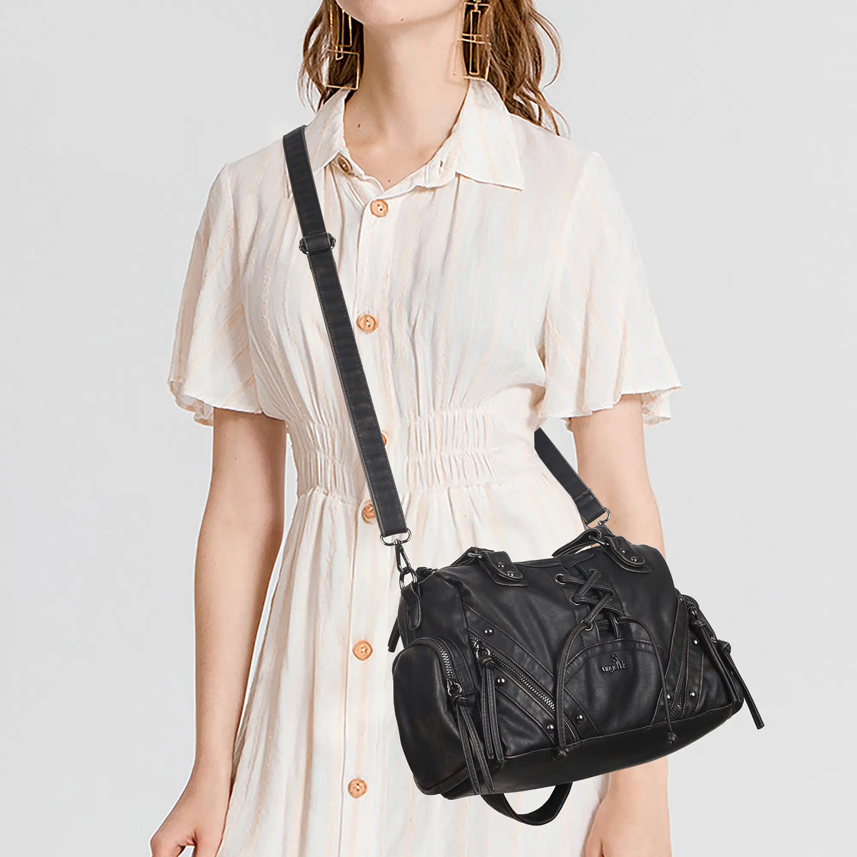 Moto Lace-Up Convertible Shoulder Tote Bag