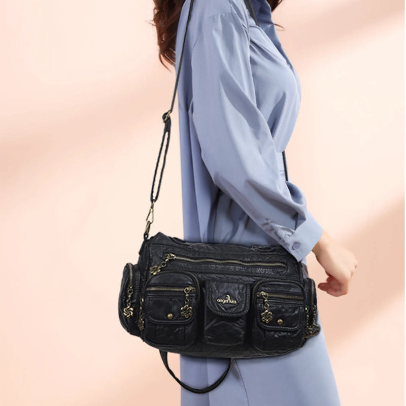 Retro Utility Multi-Pocket PU Leather Crossbody Bag
