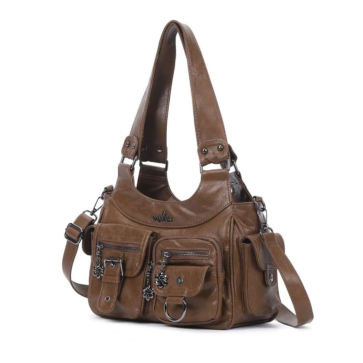 Washed-Effect Convertible Multi-Pocket Shoulder Bag
