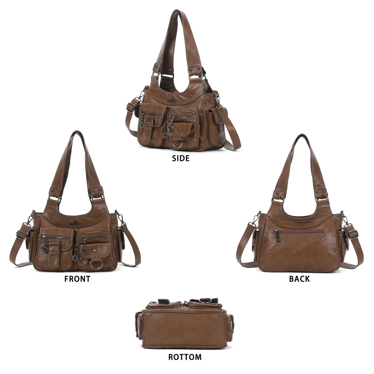 Washed-Effect Convertible Multi-Pocket Shoulder Bag
