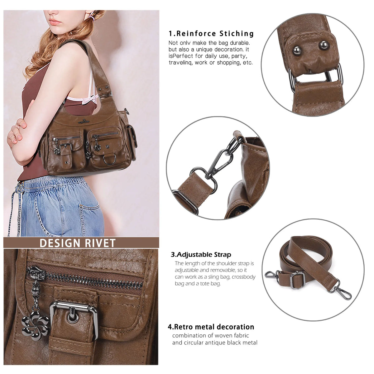 Washed-Effect Convertible Multi-Pocket Shoulder Bag