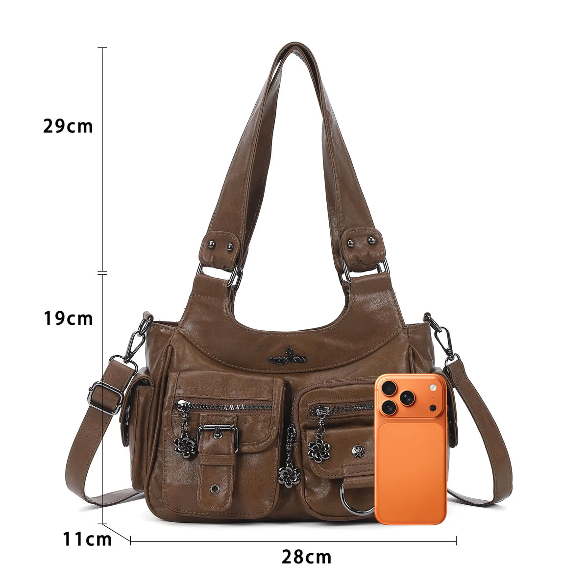 Washed-Effect Convertible Multi-Pocket Shoulder Bag