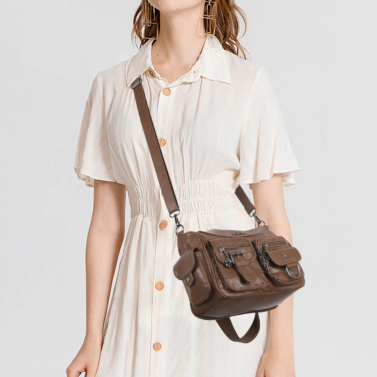 Washed-Effect Convertible Multi-Pocket Shoulder Bag