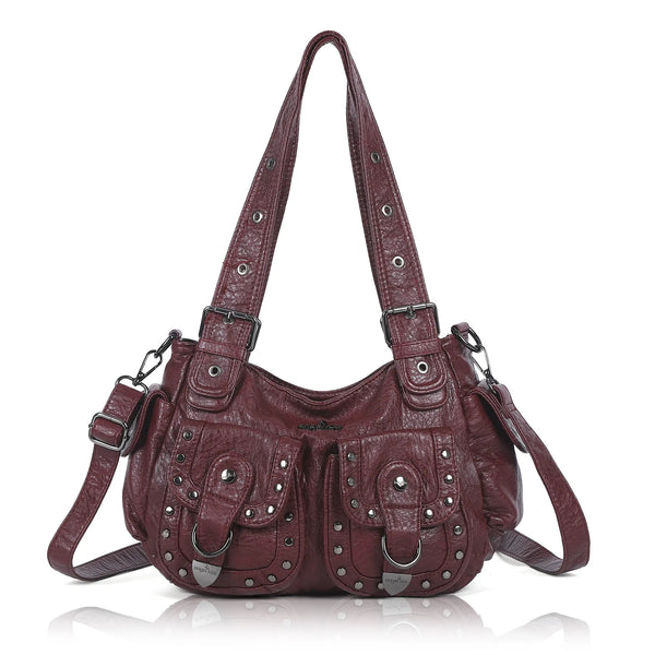 Vintage Studded Multi-Pocket PU Shoulder Bag