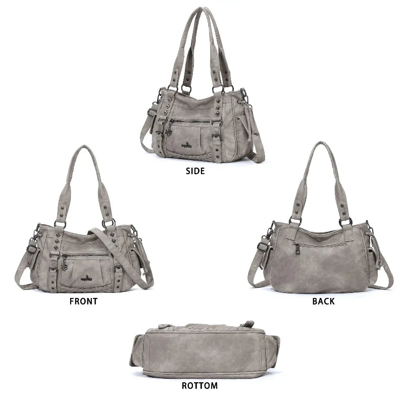 Studded Utility Multi-Pocket Horizontal Tote Shoulder Bag
