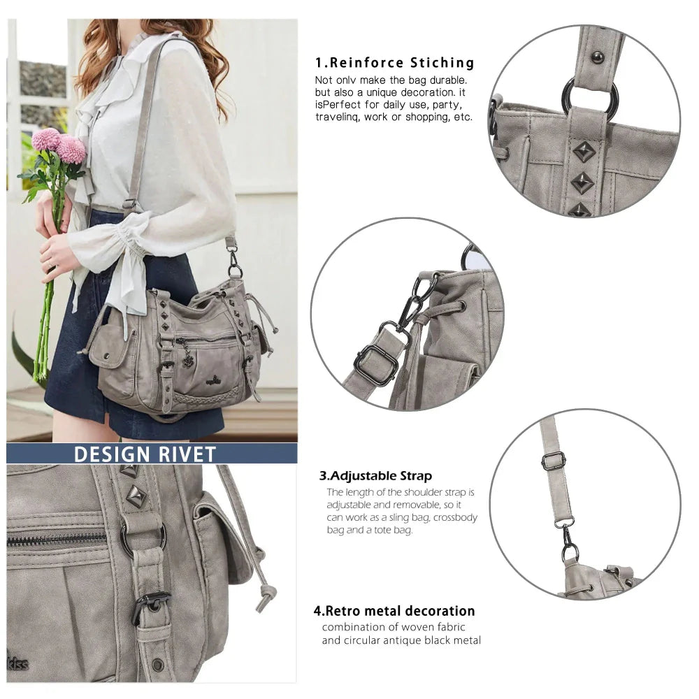 Studded Utility Multi-Pocket Horizontal Tote Shoulder Bag