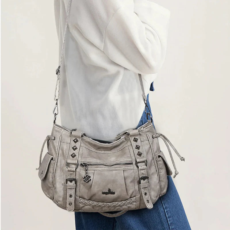 Studded Utility Multi-Pocket Horizontal Tote Shoulder Bag