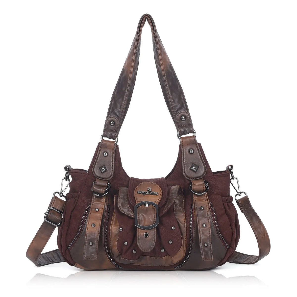 Curved-Panel Studded Buckle Shoulder Tote Bag