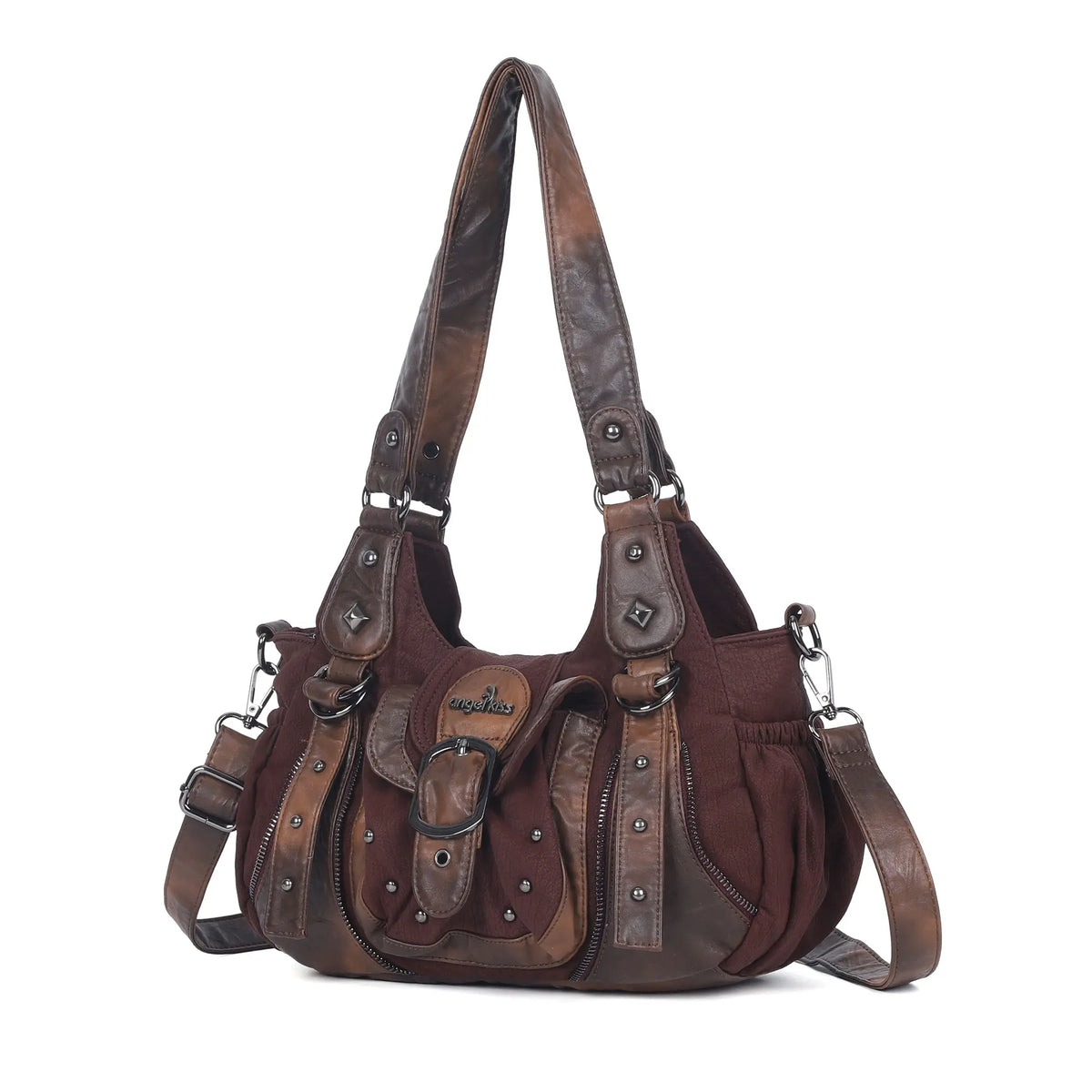 Curved-Panel Studded Buckle Shoulder Tote Bag