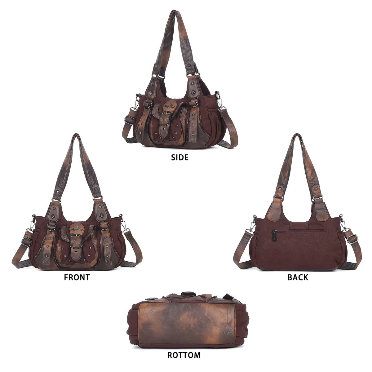 Curved-Panel Studded Buckle Shoulder Tote Bag