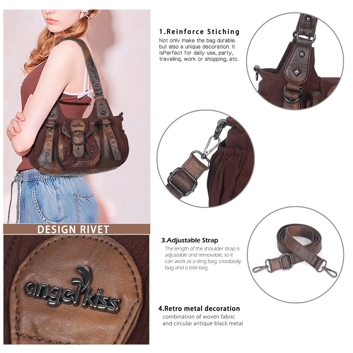 Curved-Panel Studded Buckle Shoulder Tote Bag