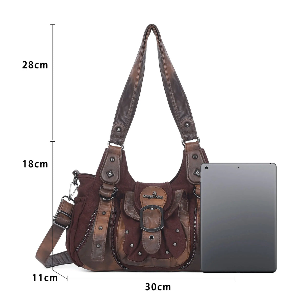 Curved-Panel Studded Buckle Shoulder Tote Bag