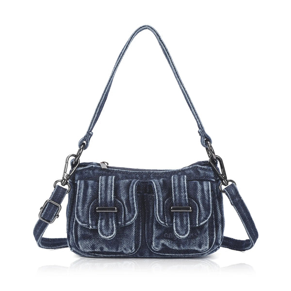 Multi-Pocket Denim Baguette Shoulder Bag