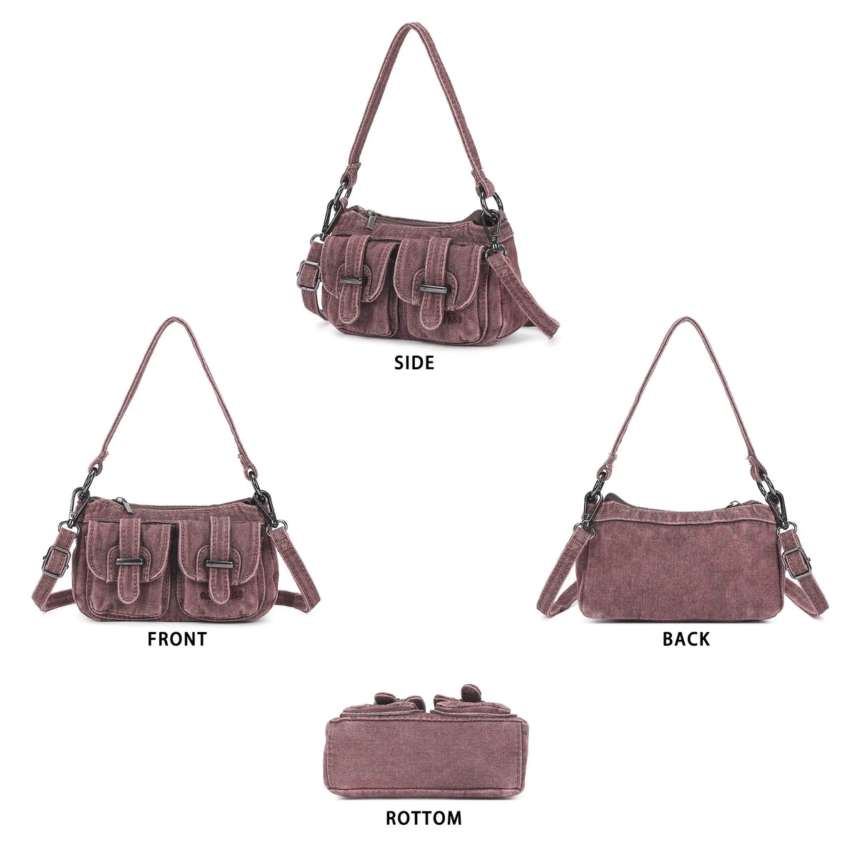 Multi-Pocket Denim Baguette Shoulder Bag