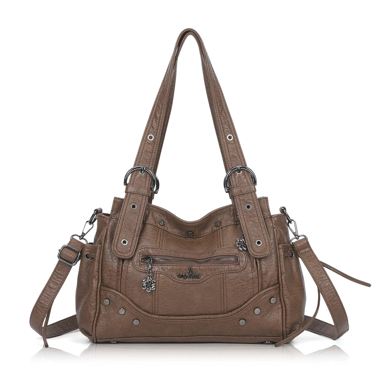 Curved-Panel Multi-Pocket Satchel Shoulder Bag
