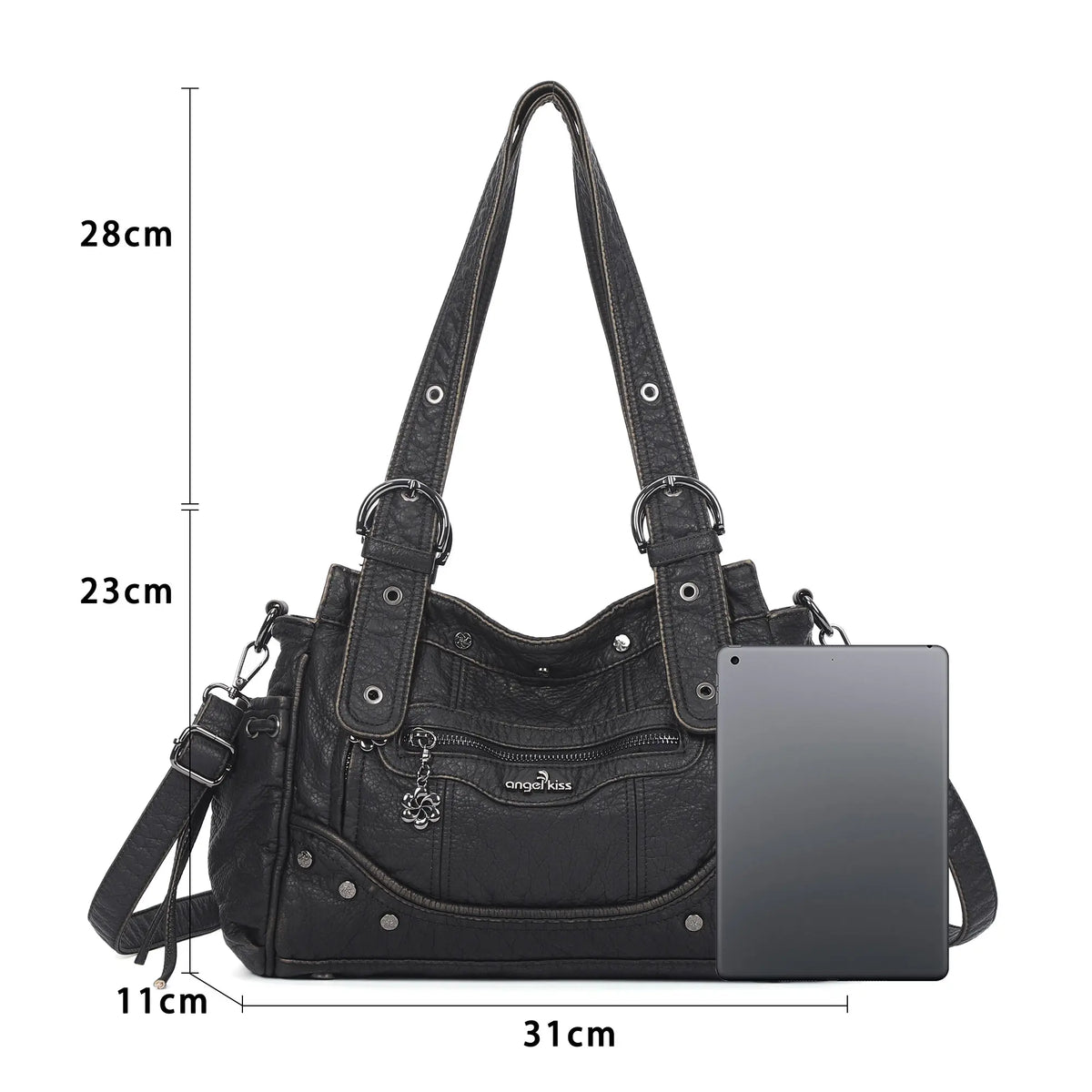 Curved-Panel Multi-Pocket Satchel Shoulder Bag