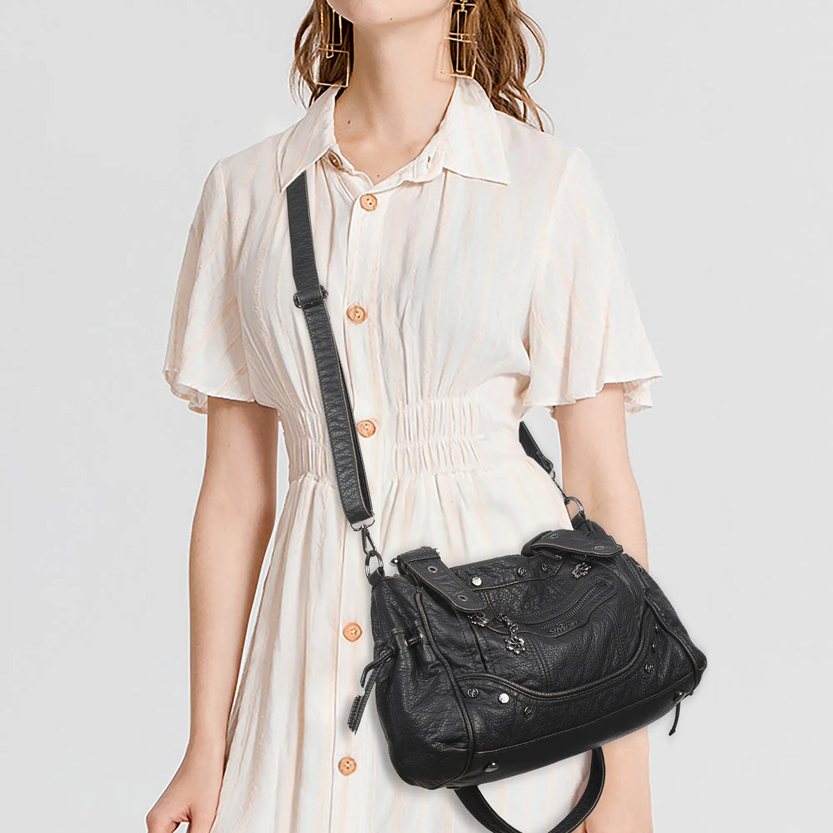 Curved-Panel Multi-Pocket Satchel Shoulder Bag