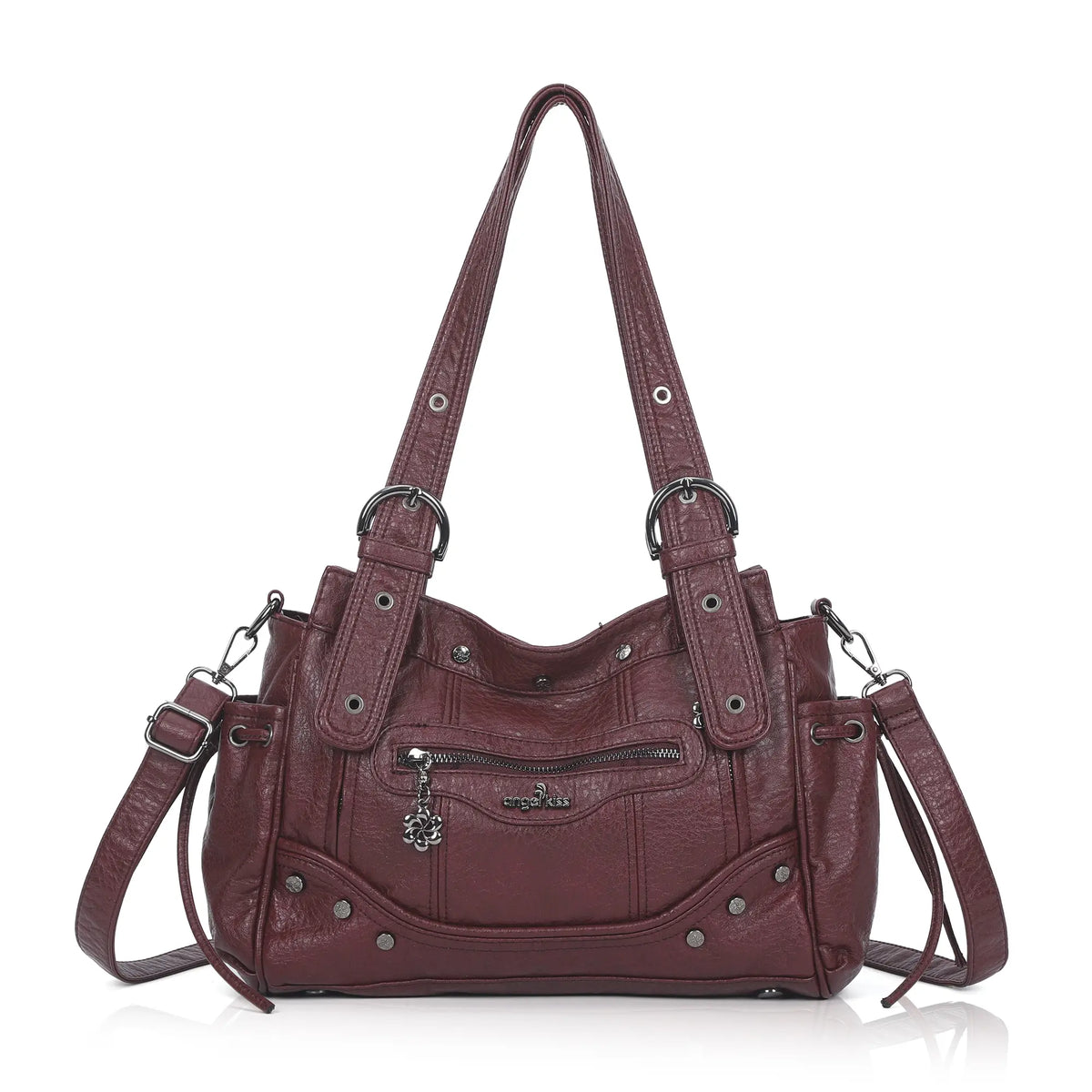 Curved-Panel Multi-Pocket Satchel Shoulder Bag