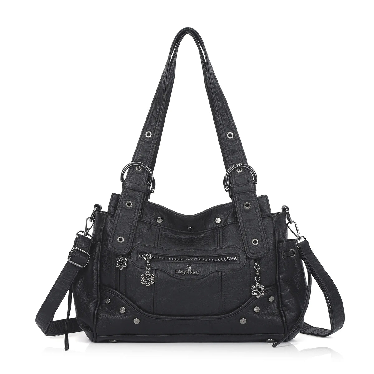 Curved-Panel Multi-Pocket Satchel Shoulder Bag