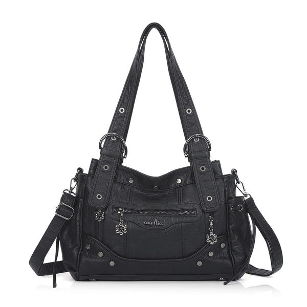 Curved-Panel Multi-Pocket Satchel Shoulder Bag