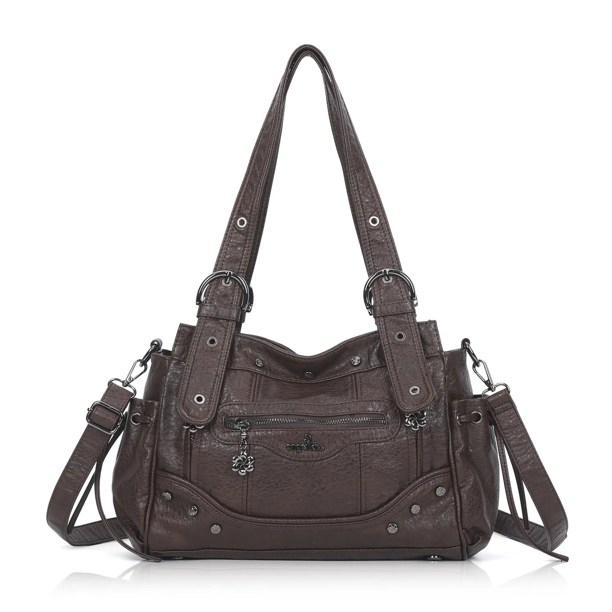 Curved-Panel Multi-Pocket Satchel Shoulder Bag